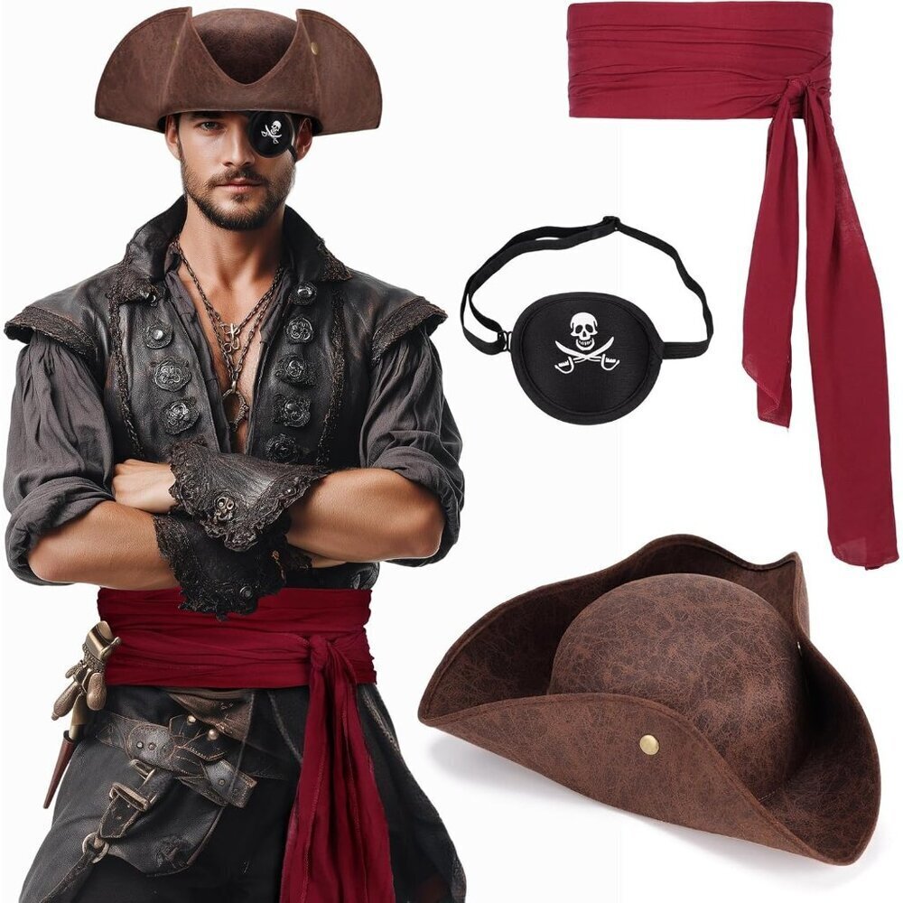 Pirate Hat Costume Accessories for Adults with Sash and Eye Patch